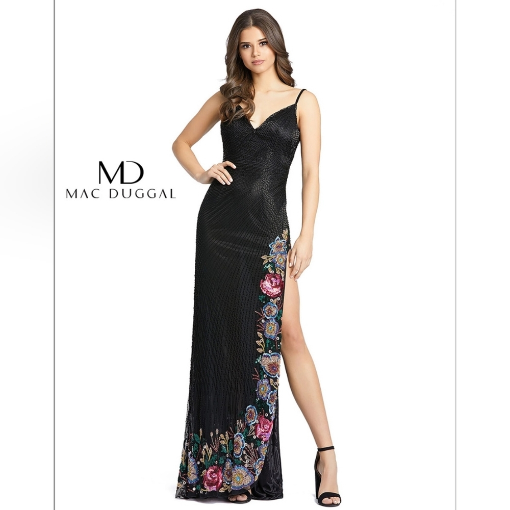 NWT Mac Duggal Evening High Slit Floral Beaded Dress - Picture 3 of 10